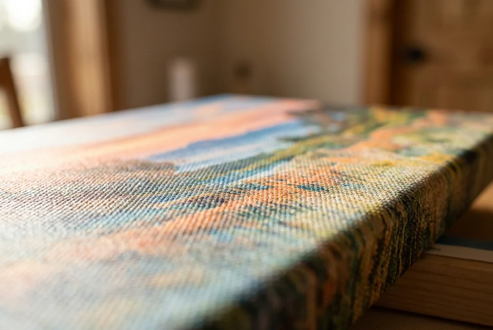 Close-up of the woven canvas surface showing the fabric texture of a printed photo