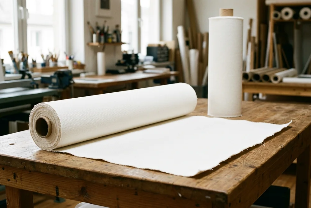 A roll of blank poly-cotton canvas fabric unrolled on a workshop table