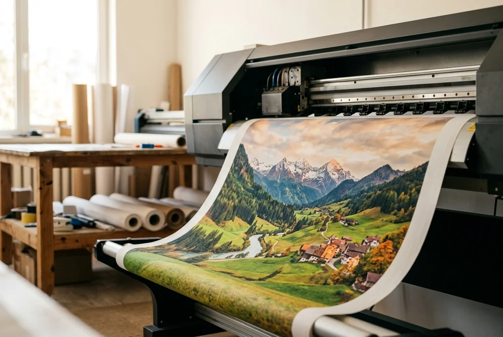A large-format printer printing a mountain landscape onto a roll of canvas