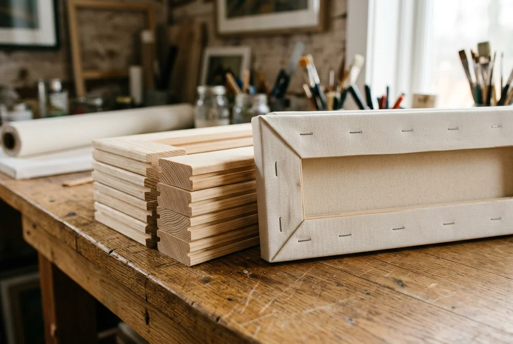 Pine stretcher bars stacked beside the stapled back of a finished canvas frame