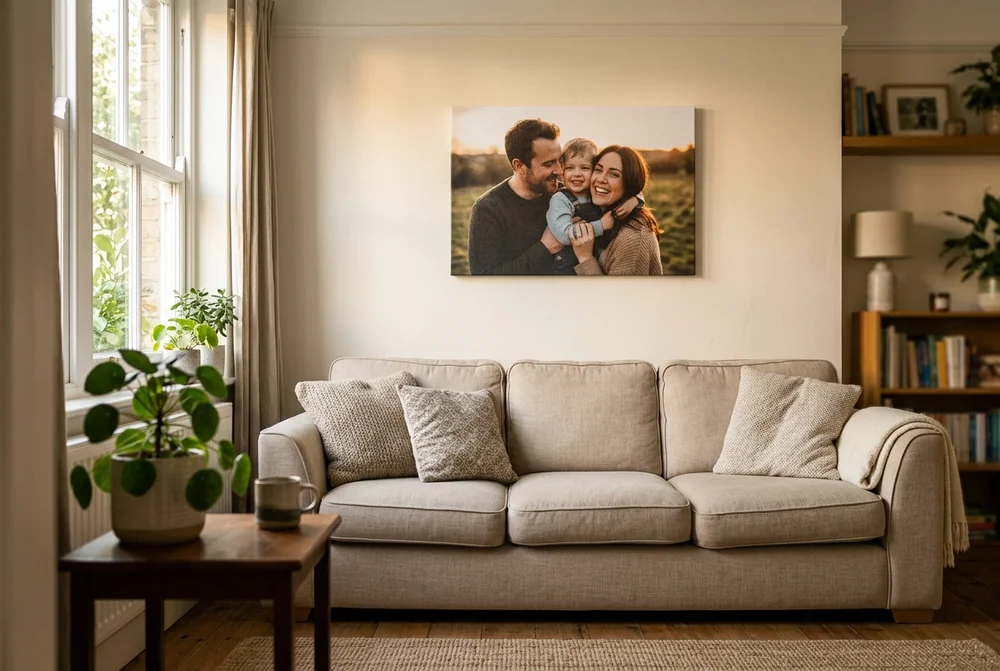 A family photo canvas print hanging above a cream sofa in a sunlit living room
