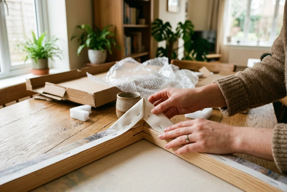 Hands folding the canvas corner neatly over the wooden stretcher frame