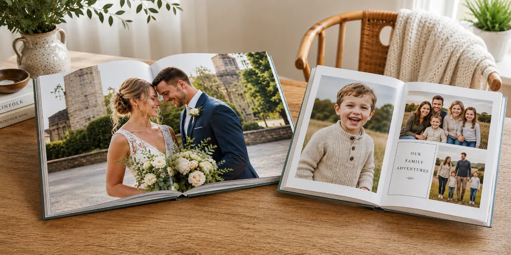 Two open hardcover photo books showing a wedding spread and a family adventures spread