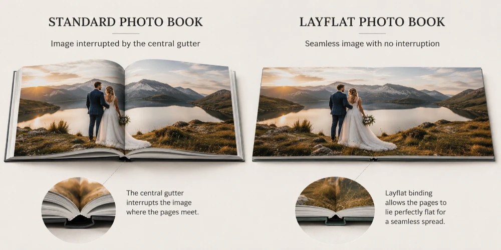 Standard versus layflat photo book comparison showing the central gutter on a wedding panorama