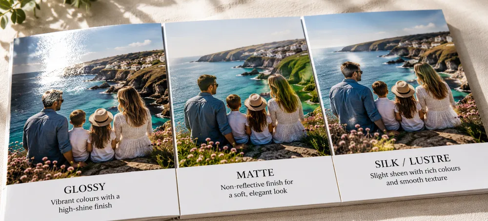 Glossy, matte and silk photo book paper finishes compared on the same coastal family photo