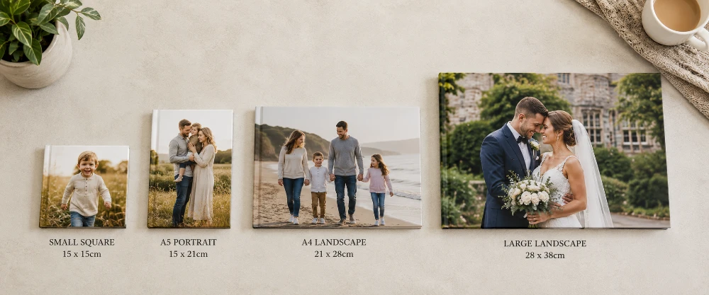 Photo book sizes compared: small square, A5 portrait, A4 landscape and large landscape