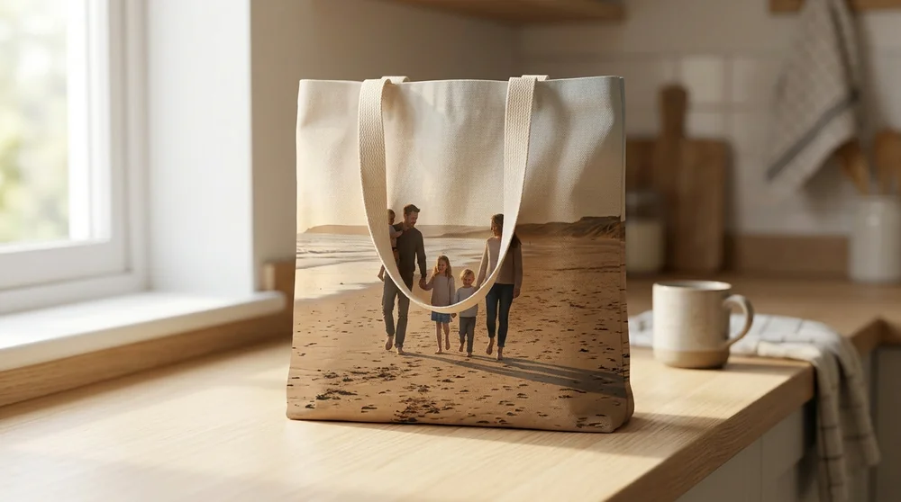 Cotton tote bag printed with a family walking on a beach, on a kitchen worktop