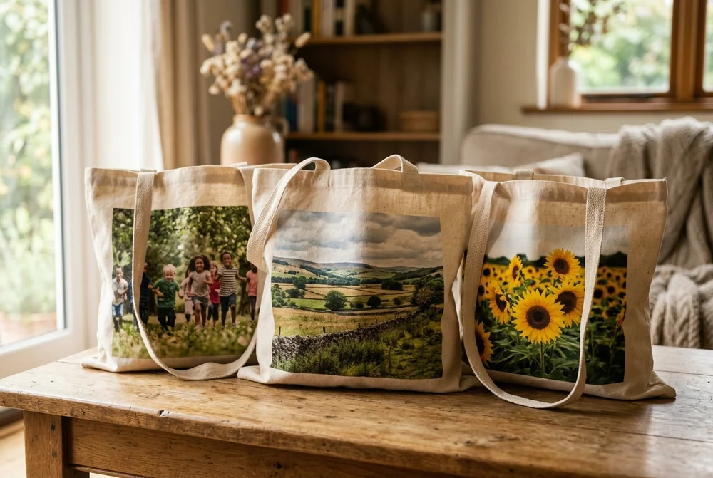 Three photo tote bags on a table showing children, countryside and sunflower prints