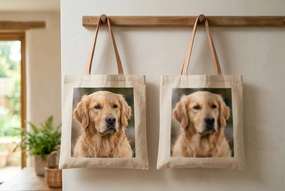 Two tote bags printed with the same golden retriever photo hanging on a wall peg rail