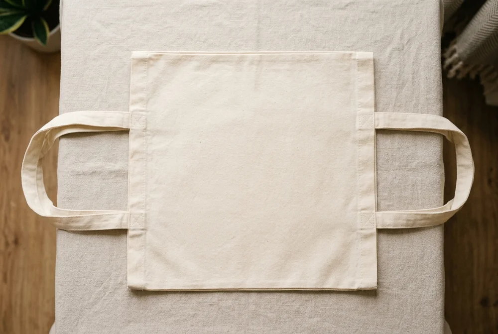 Plain cream cotton tote bag laid flat, showing the printable front panel and handles