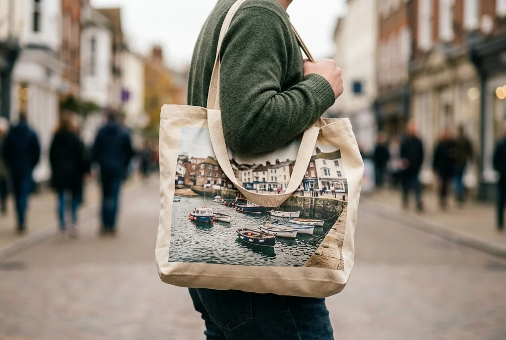 Person carrying a tote bag printed with a Cornish harbour scene along a UK high street