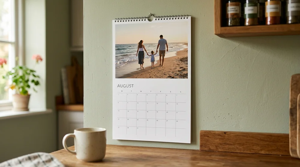 A personalised photo wall calendar hanging on a green kitchen wall, showing a family beach photo above the August dates