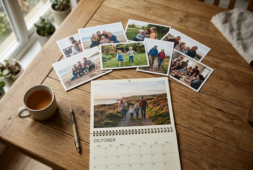 Loose family photo prints spread across a kitchen table next to an open personalised photo calendar showing October