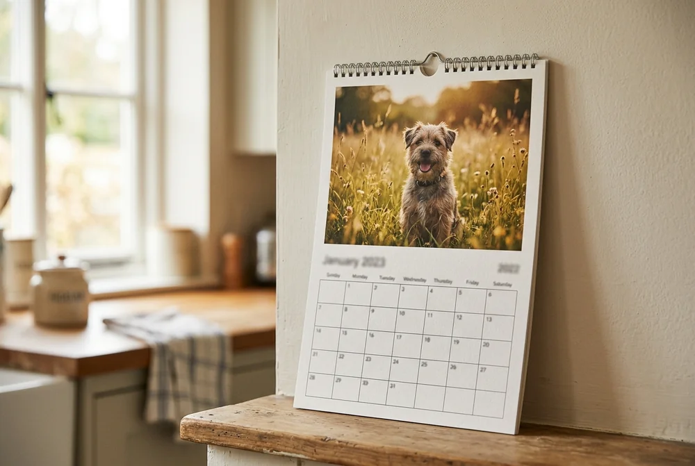 A personalised photo calendar with a dog in a summer meadow, propped on a wooden shelf in a country kitchen