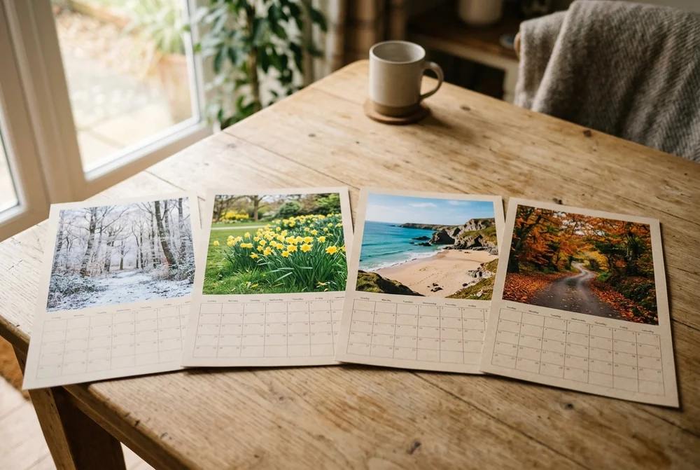 Four seasonal photo calendar pages laid side by side on a table, showing a snowy wood, daffodils, a beach and an autumn lane