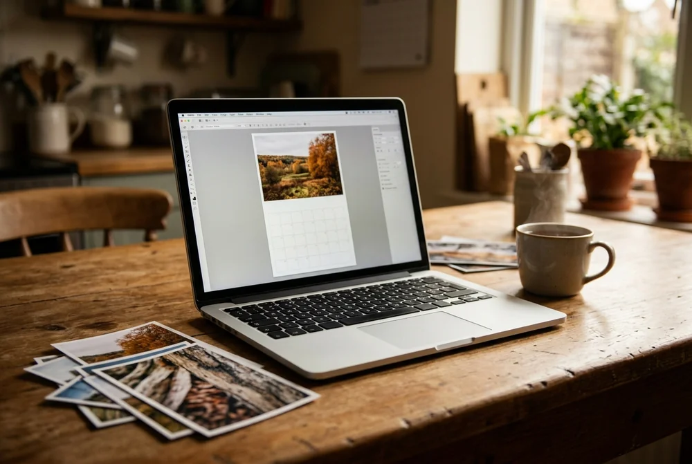 A laptop on a kitchen table showing a photo calendar page being designed, with printed photos stacked beside it