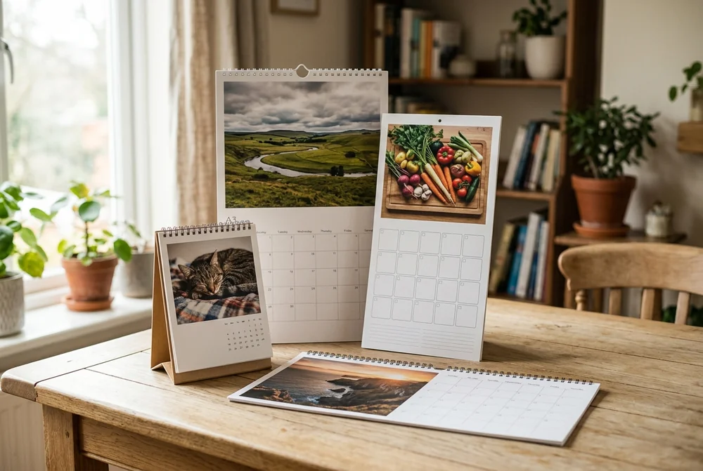 Four personalised calendar styles displayed together on a table: a wall calendar, a kitchen calendar, a desk calendar and a panorama calendar