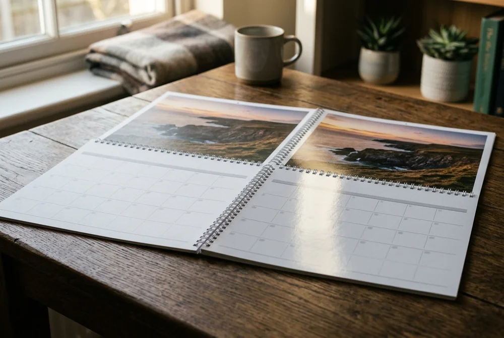 An open panorama photo calendar on a dark wooden table, showing a wide coastal sunset above the month grid