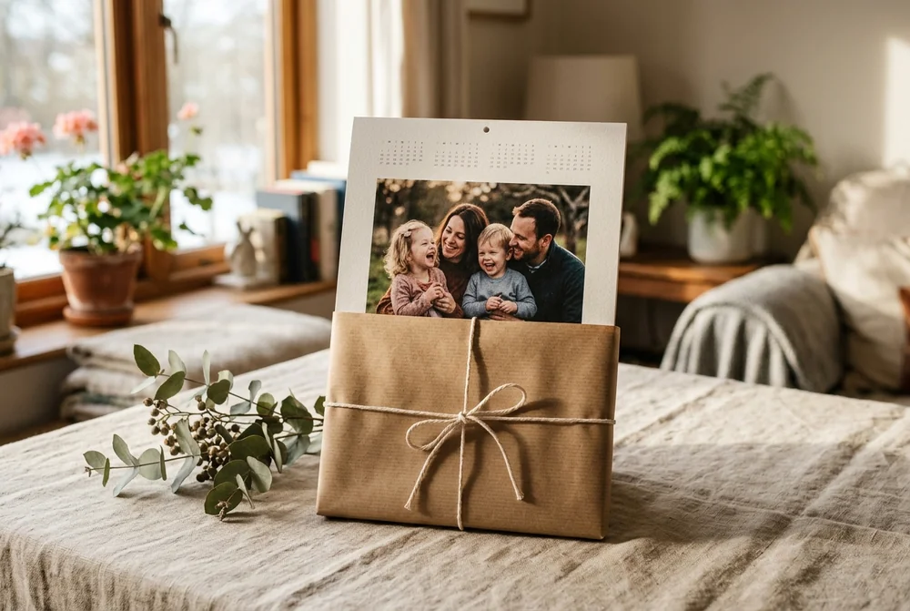 A personalised photo calendar wrapped in brown paper and tied with string, ready to give as a gift
