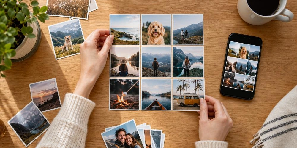 A colourful photo collage of holiday and family snapshots arranged in a grid, printed as one framed piece of wall art in a bright UK living room