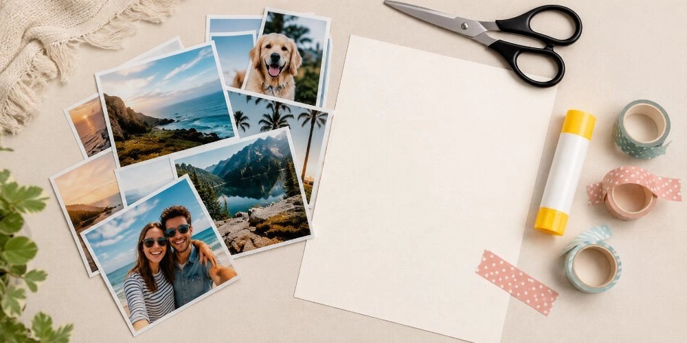 A handmade photo collage on card — cut-out prints overlapped with washi tape, scissors and a glue stick on a table