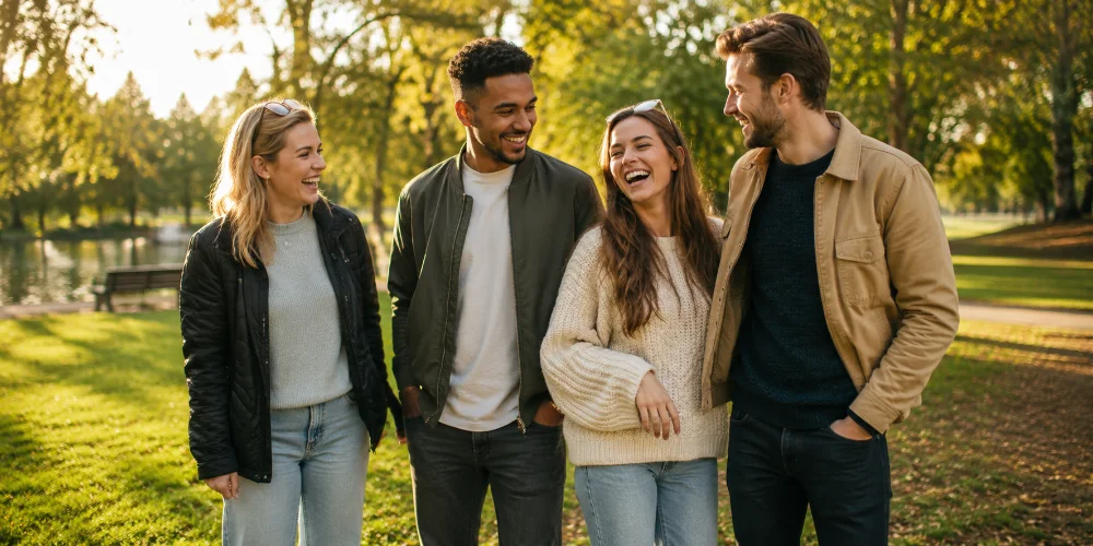 Four friends laughing together while walking through a sunlit park