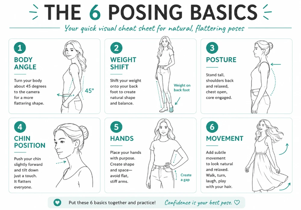 The 6 posing basics cheat sheet showing body angle, weight shift, posture, chin, hands and movement