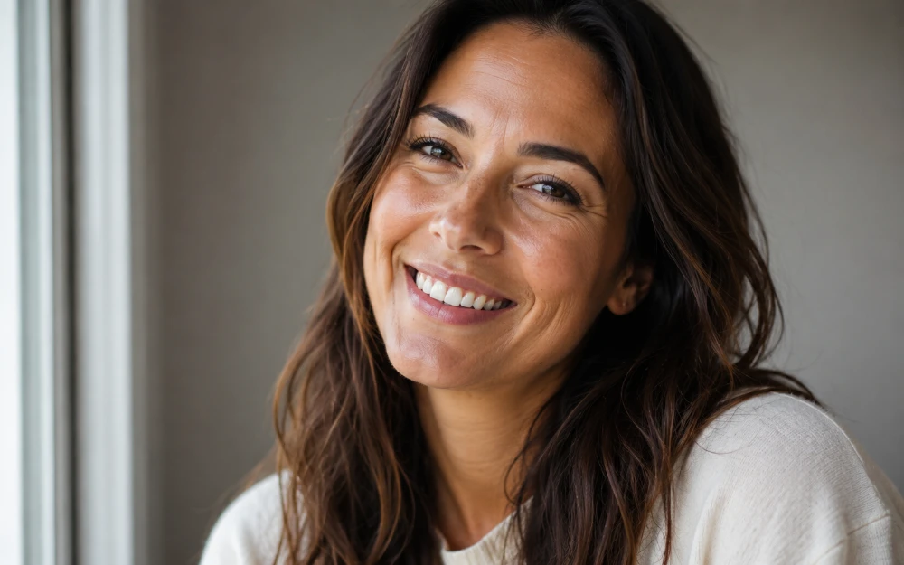 Close-up of a woman smiling naturally with soft window light on her face