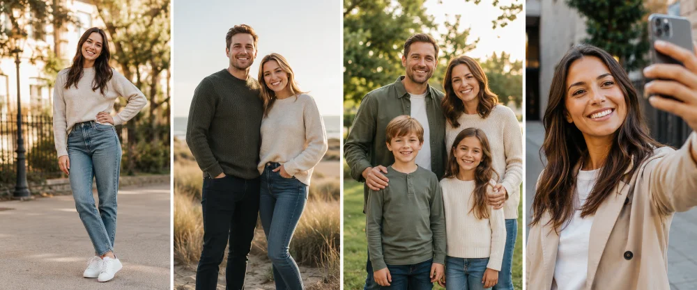 Four posing examples for a solo full-body shot, a couple, a family and a selfie