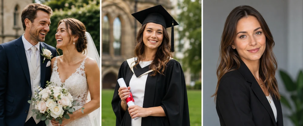 Three special-occasion poses for a wedding couple, a graduate and a professional headshot