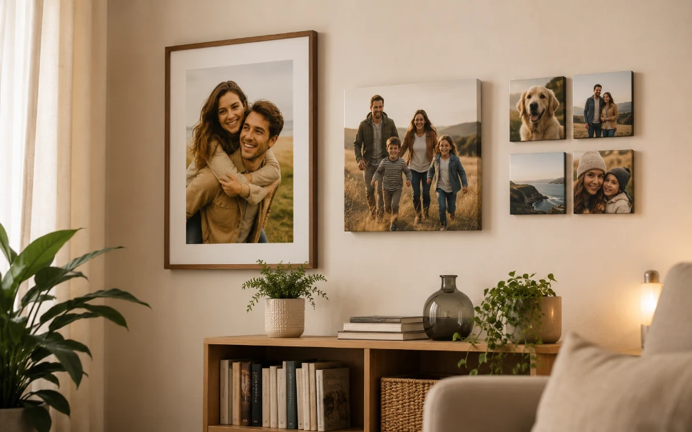 Living room wall display of a framed photo print, canvas prints and photo tiles above a sideboard