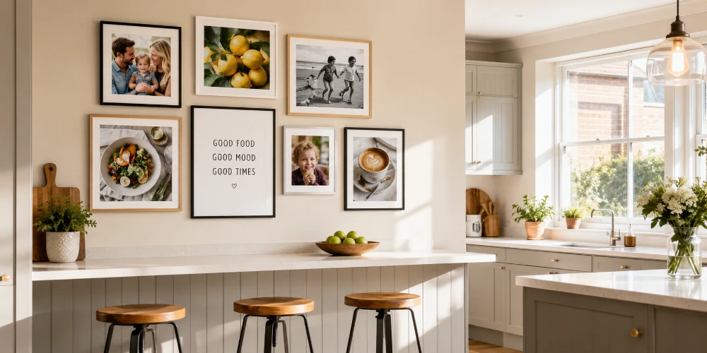 A bright open-plan British kitchen with framed prints hung above the breakfast bar