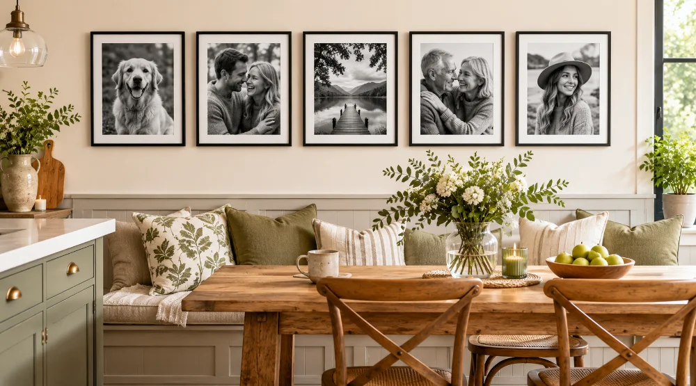 A relaxed cluster of family photo tiles arranged near a kitchen dining table