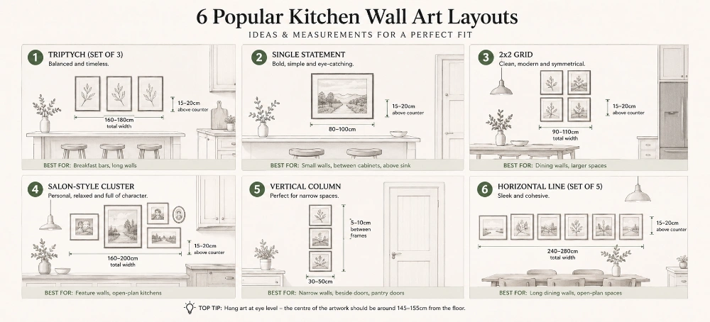 A triptych of matching prints hung horizontally above a kitchen breakfast bar