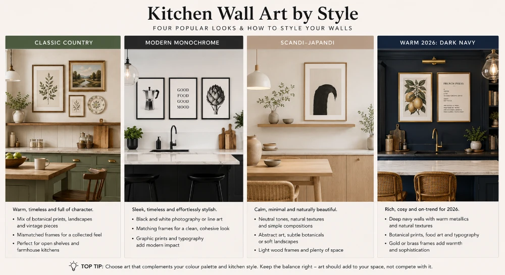 Botanical prints styled against sage green country-kitchen cabinets