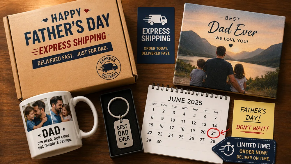 Last-minute Fathers Day gifts UK - express delivery box, photo mug, photo keyring, canvas print and June calendar with Fathers Day circled