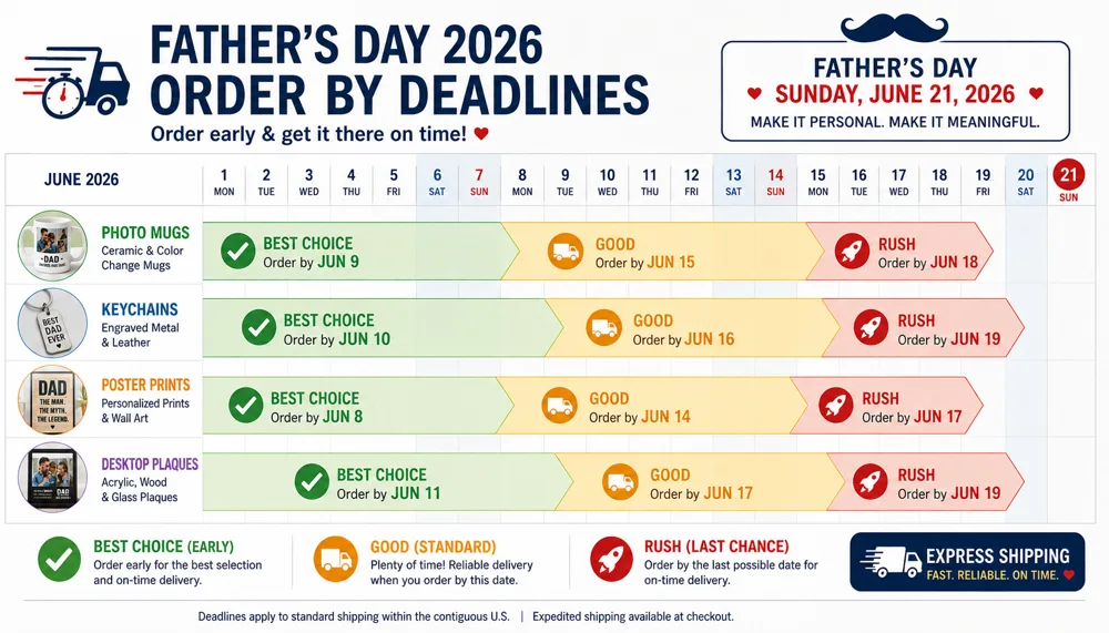 Fathers Day 2026 order-by deadlines timeline for personalised gifts ahead of Sunday 21 June