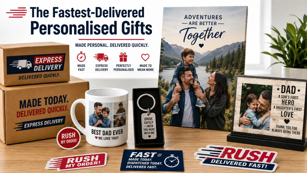 Fast personalised Fathers Day gifts - photo mug, canvas print, engraved keyring and desktop photo plaque with express delivery packaging