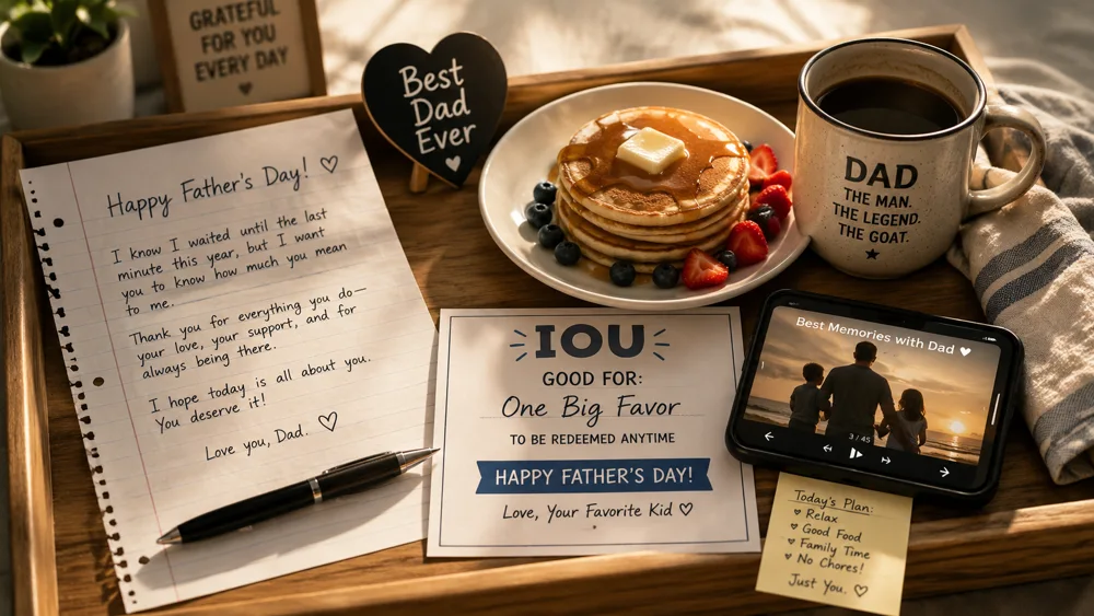 Fathers Day eve rescues - handwritten letter, IOU note, breakfast tray with pancakes and a Dad photo mug