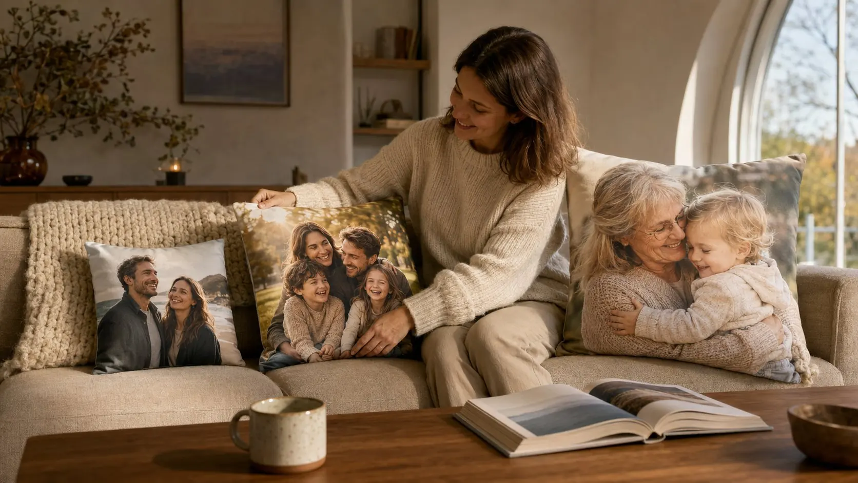 Three personalised photo cushions with different family photos and couple motifs on a living-room sofa
