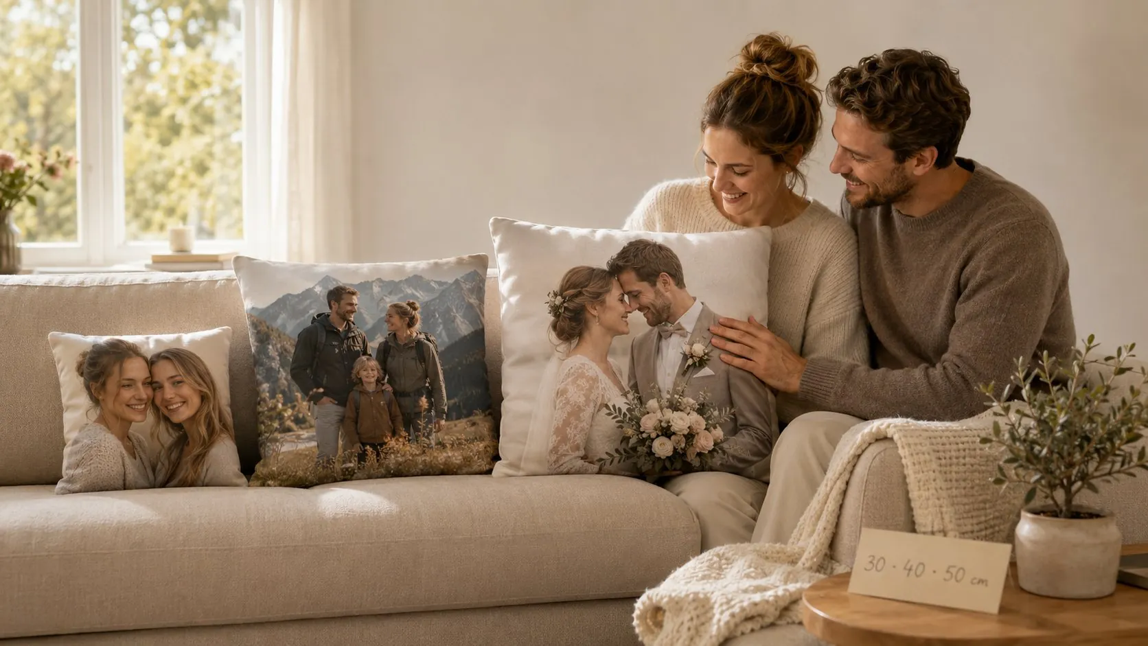 Photo cushions in satin cotton and plush side by side with a material card for direct fabric comparison