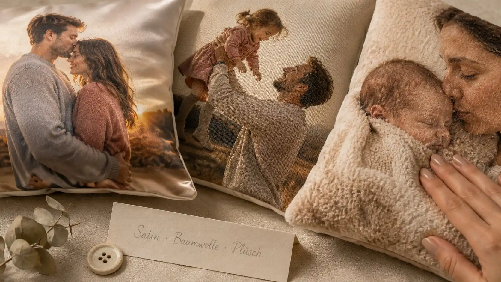 Grandmother unwrapping a photo cushion with a grandchild photo as a gift with a card reading For Grandma from Your Family