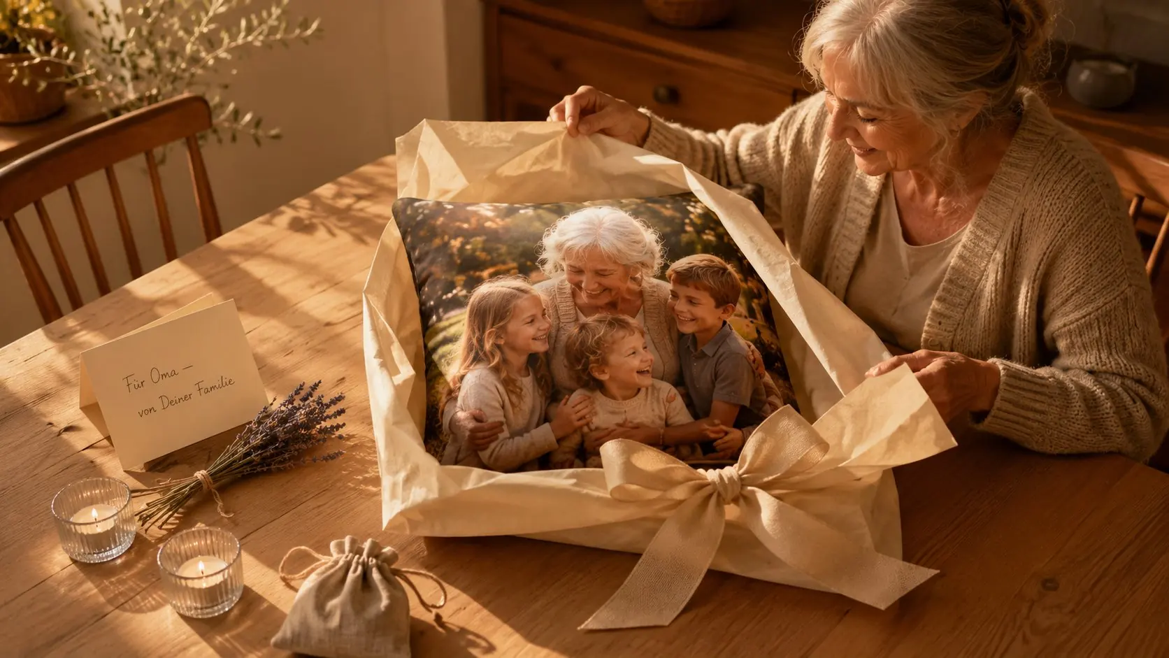 Family at a laptop choosing photos together for a photo cushion with a notepad about size and fabric