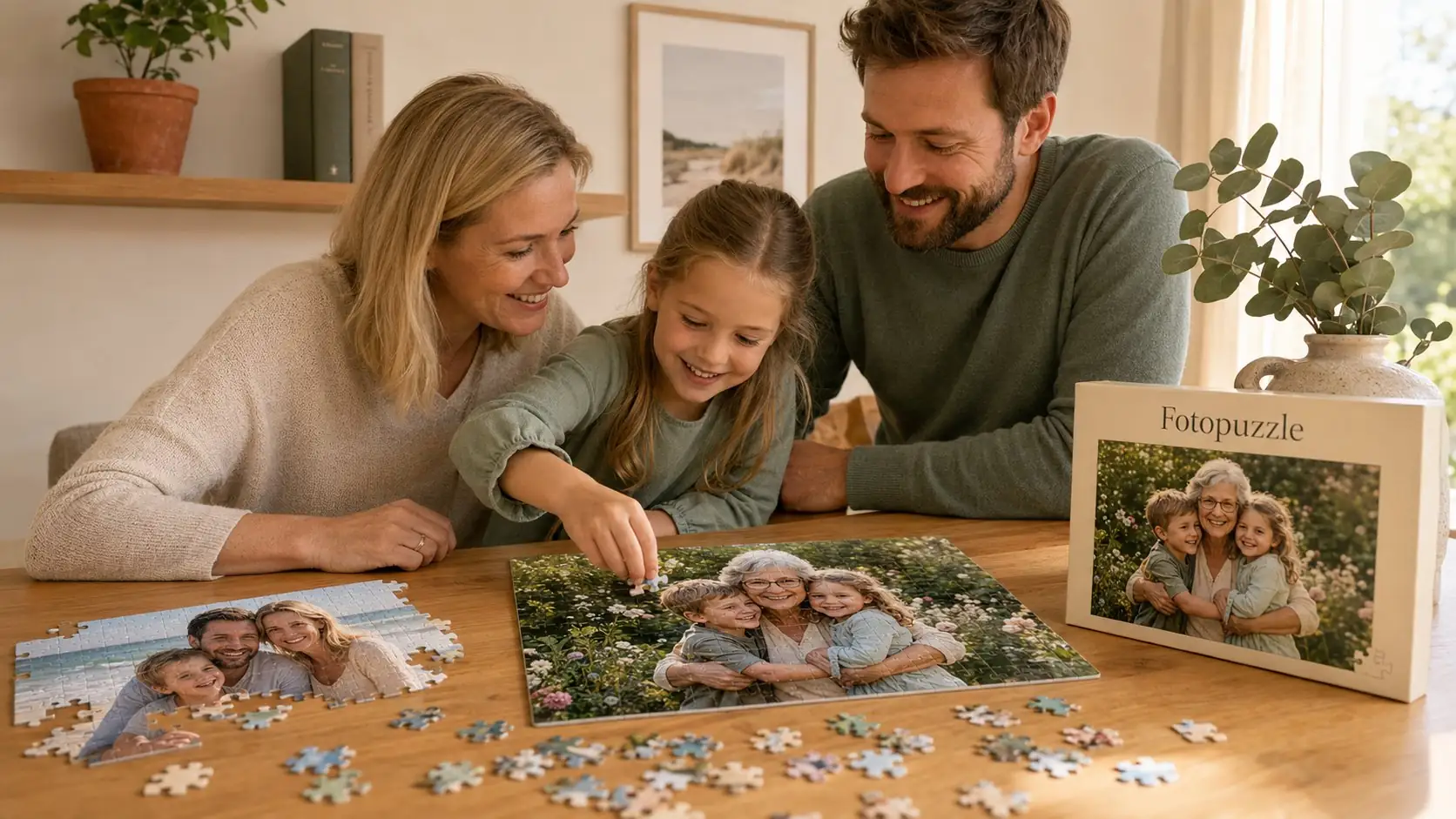 Family putting together a personalised photo puzzle with a grandmother and grandchildren motif at the dining table