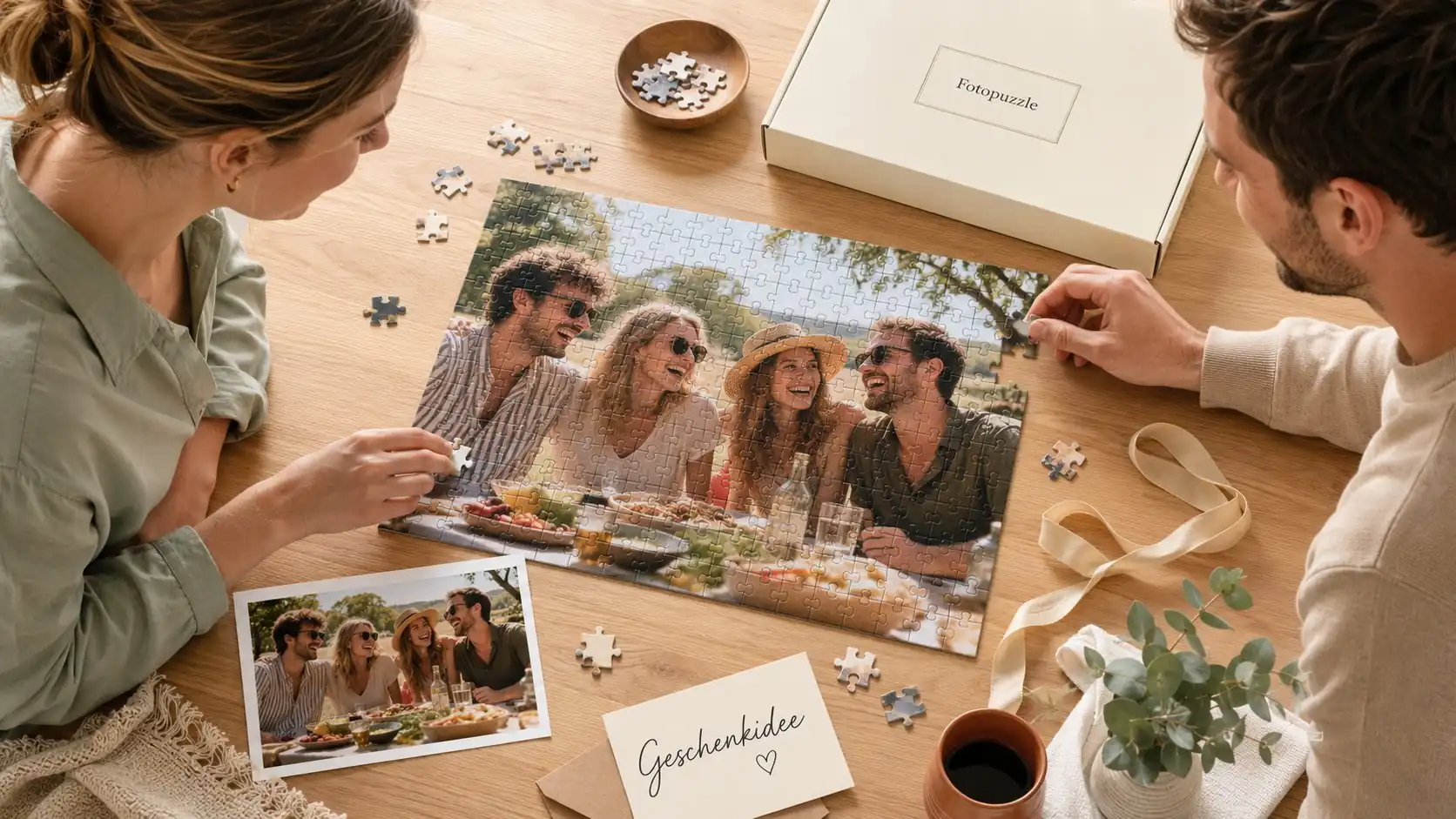 Couple putting together a personalised photo puzzle with a summer picnic motif next to a gift card and box
