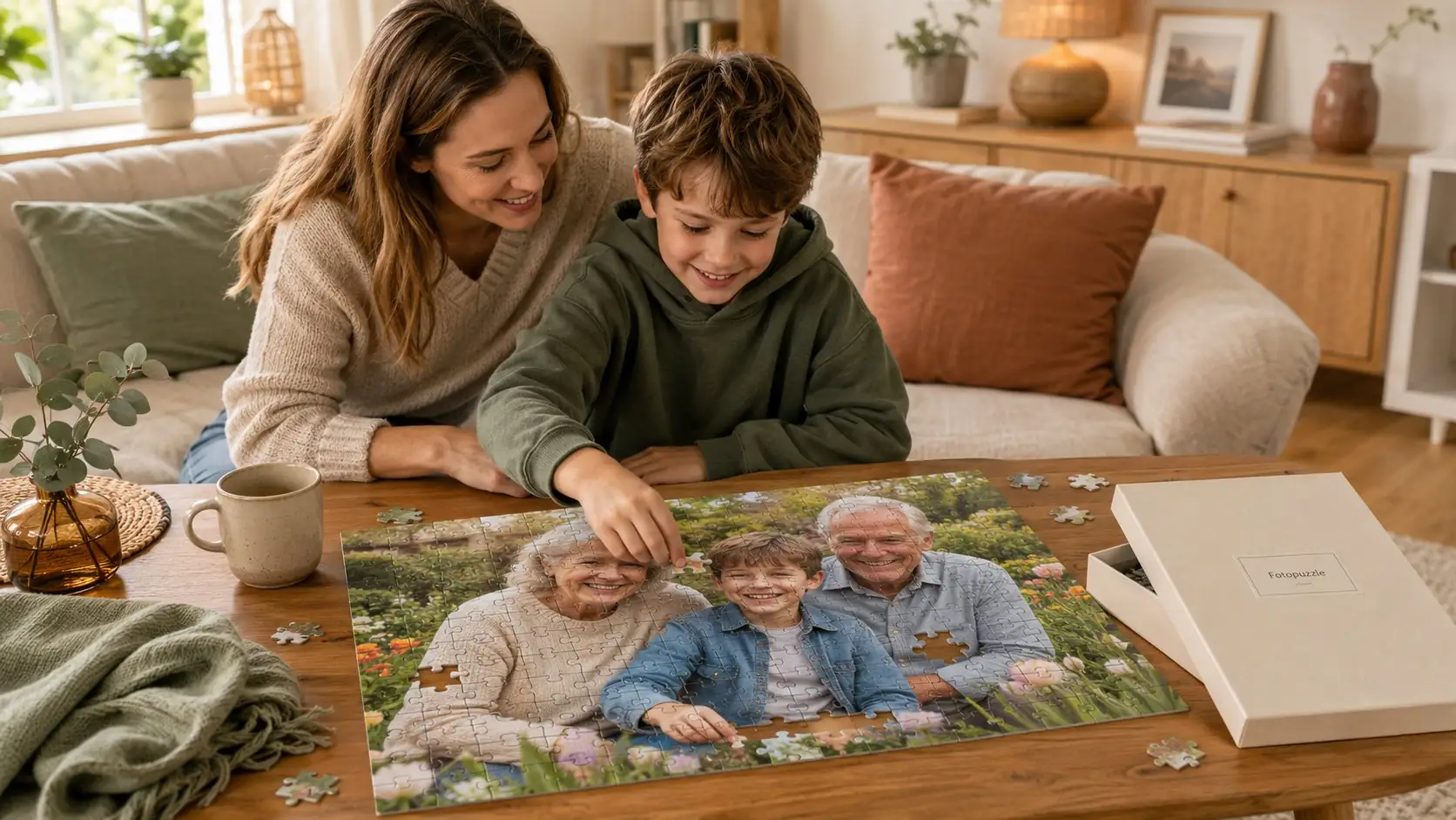 Mother and son putting together a personalised photo puzzle with a grandparents motif on the coffee table in the living room