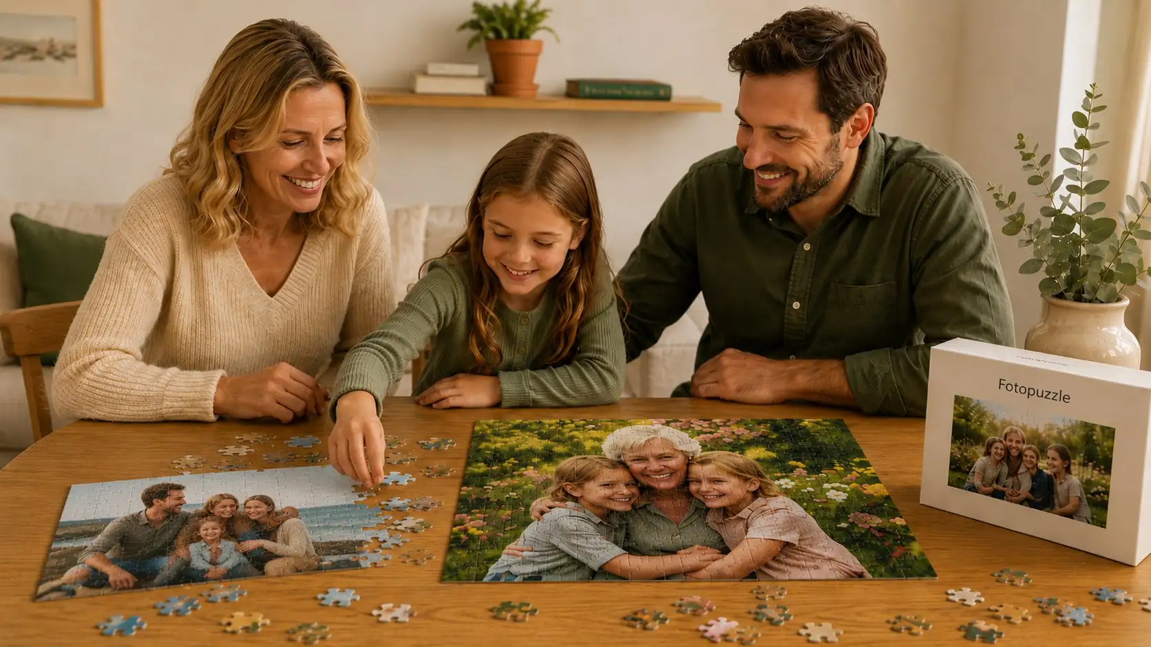 Family with grandmother in a blooming garden as an ideal subject for a sharp personalised photo puzzle