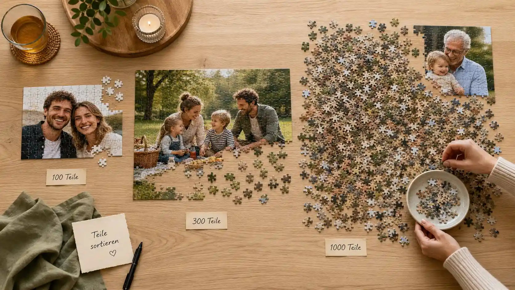 Three personalised photo puzzles in different piece counts with a handwritten note about sorting pieces on a wooden table