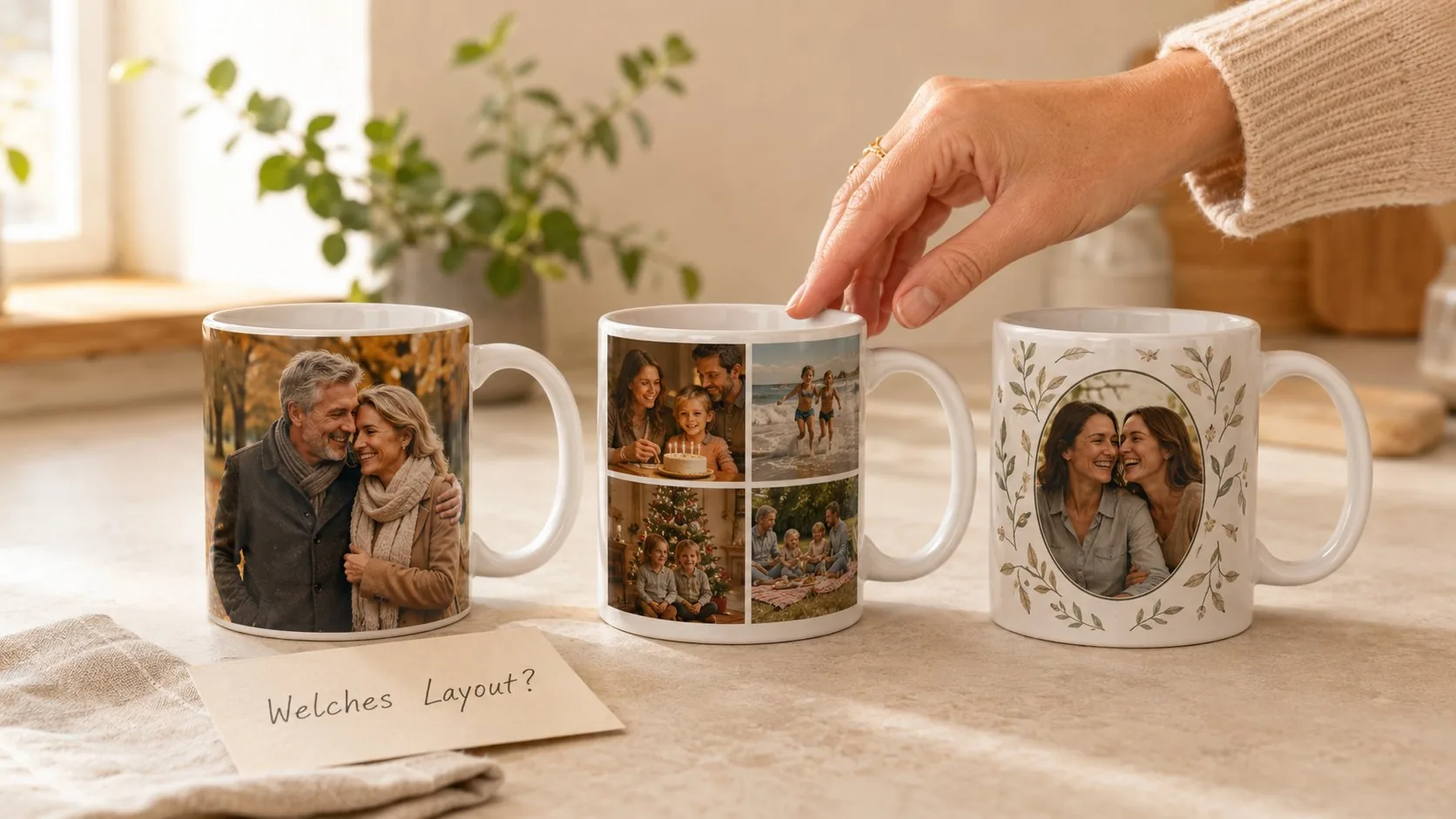 Woman in the kitchen holding a photo mug with a family photo next to two more photo mugs and a note reading My Photo Mug
