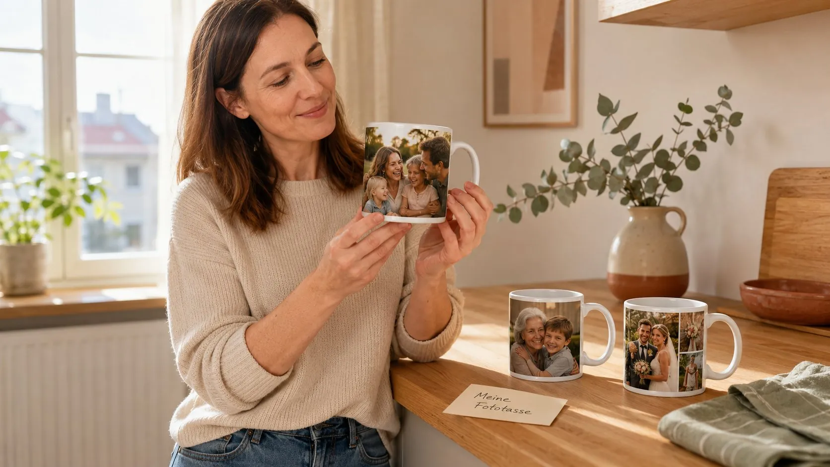 Three photo mugs with full-image collage and template layouts side by side with a card about choosing a layout